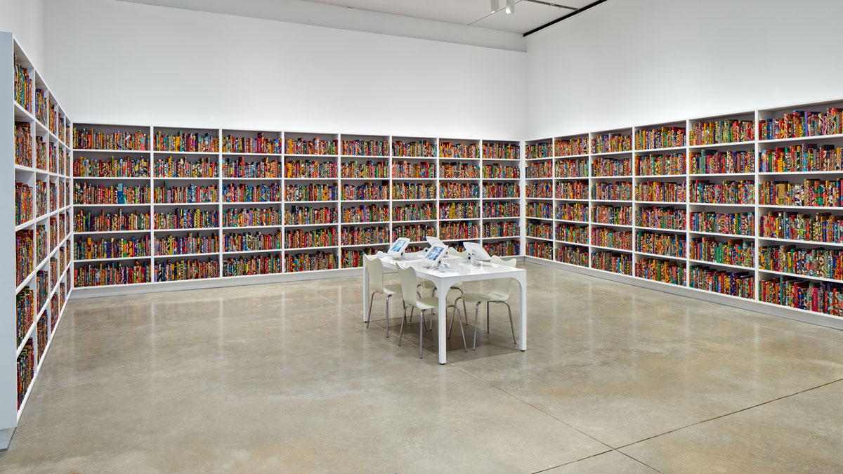 An installation view of Yinka Shonibare's The American Library