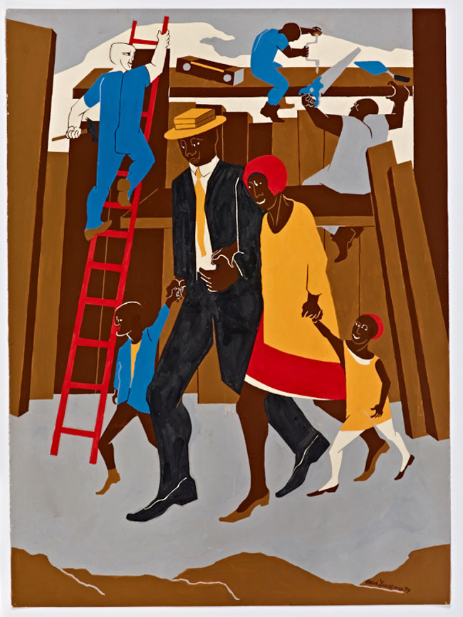 An image of an African-American family with workers in the background
