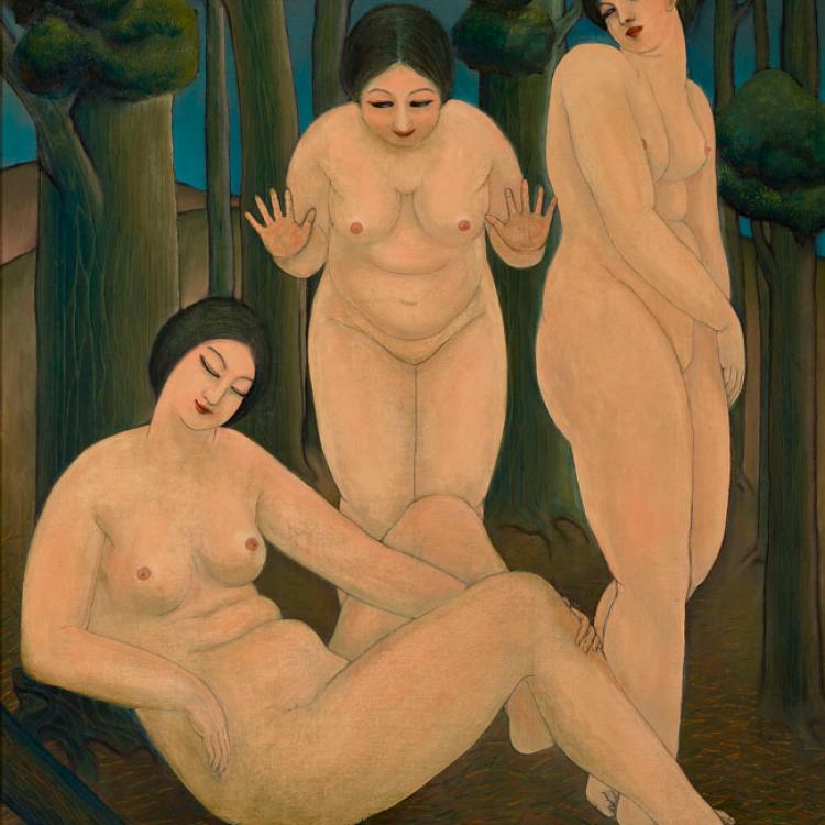 A painting depicting three naked women