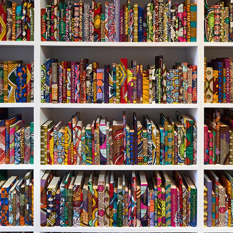 In-gallery view of Yinka Shonibare's "The American Library" at the Cantor