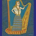 an image of a woman infront of a harp