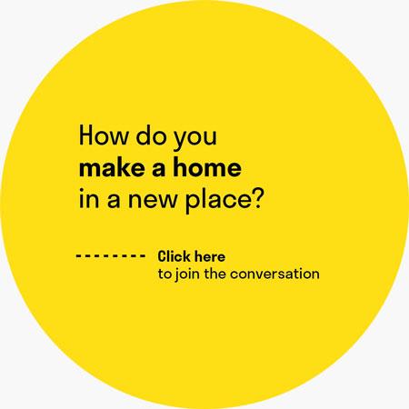 A yellow circle with the question "How do you make a home in a new place?"