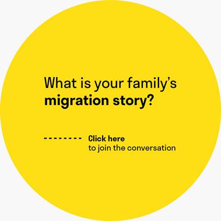 A yellow circle with the question "What is your family's migration story?"