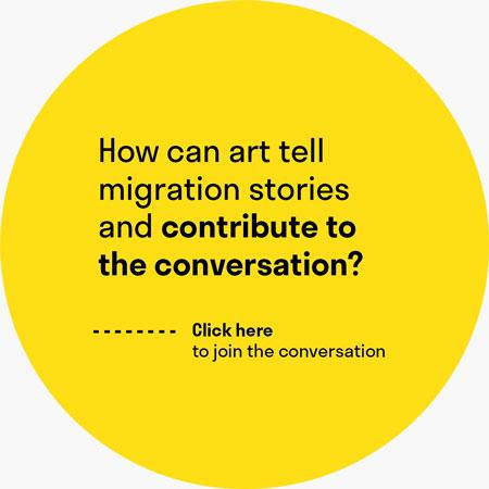 A yellow circle with the question "How can art tell migration stories and contribute to the conversation?"