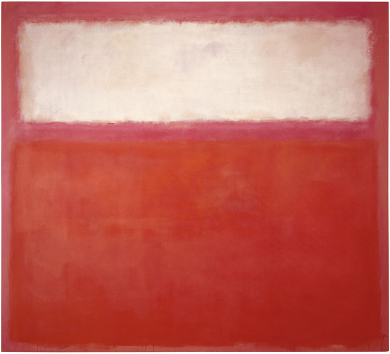 An image of Rothko's "Pink and White over Red," depicting a red faded square with a white square inside in the top third portion of it, with faded edges that turn to pink.