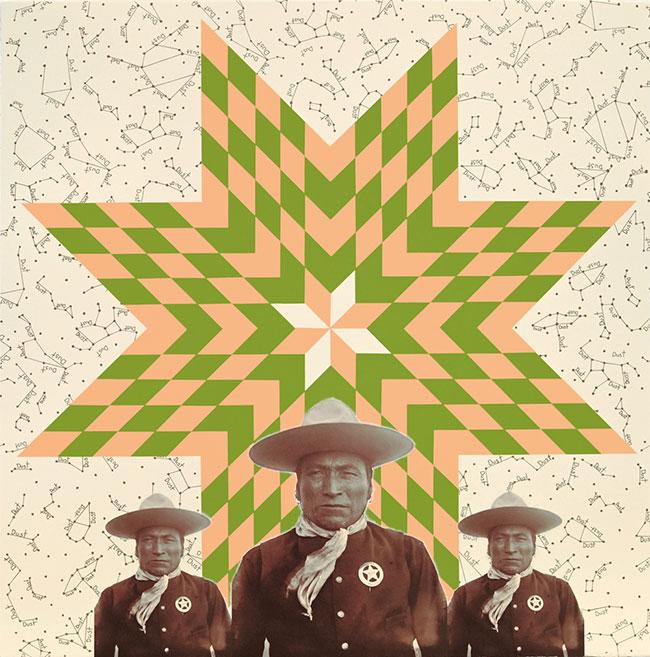 an image of a star. on a quilt as background with a native american man displayed three times on the front