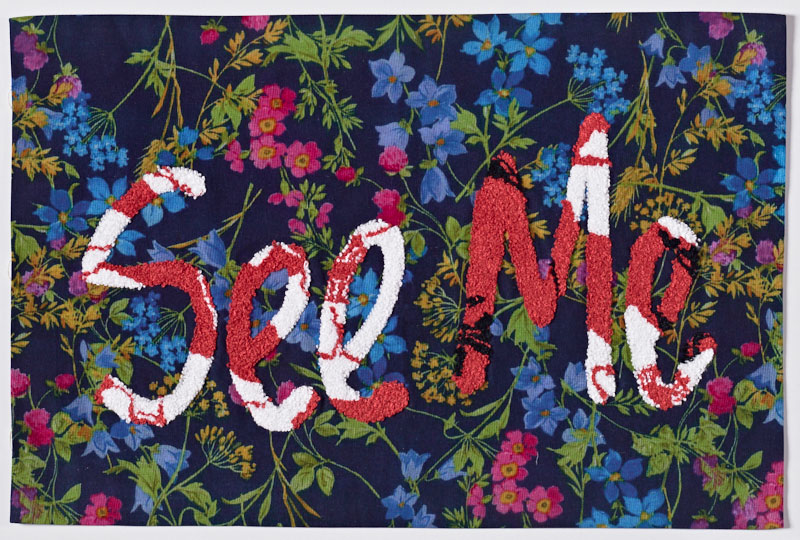 A picture of flowers in purple, pink, and red with the words "See Me" on white and red