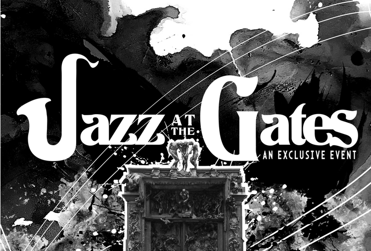 a black and white image of Rodin's Gates of Hell and the words Jazz at the Gates an exclusive event