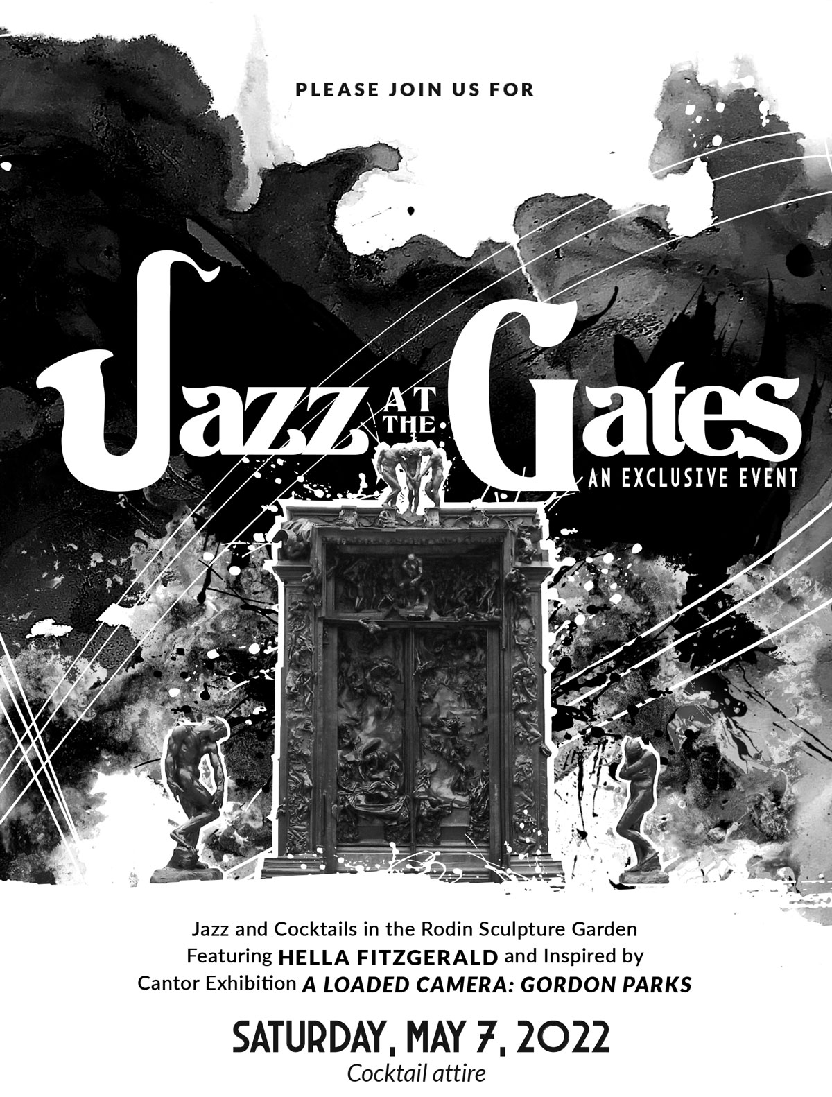 a black and white image of the gates of hell by Rodin inviting to the 2022 Jazz at the Gates event