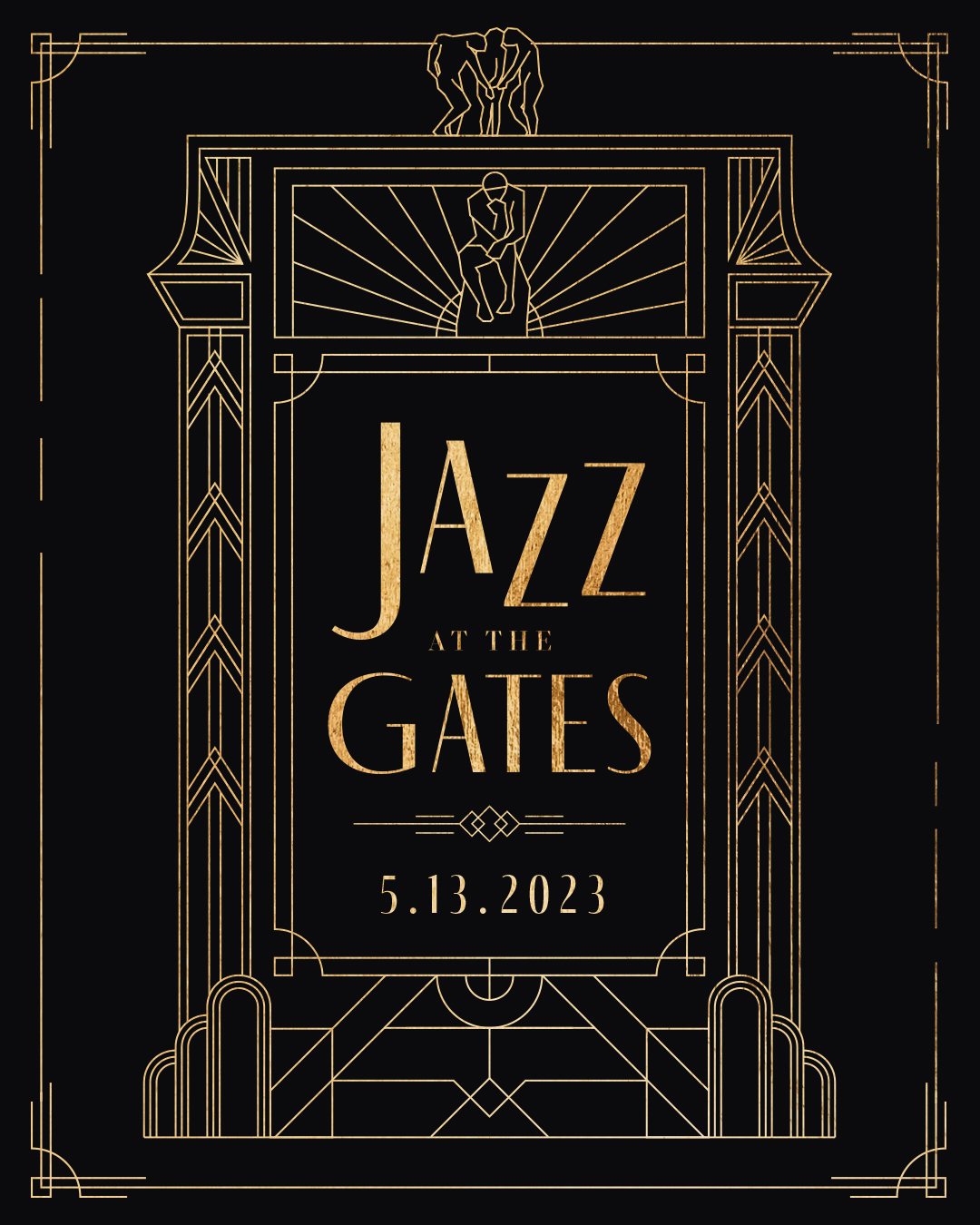 An image in black and gold with the words Jazz at the Gates