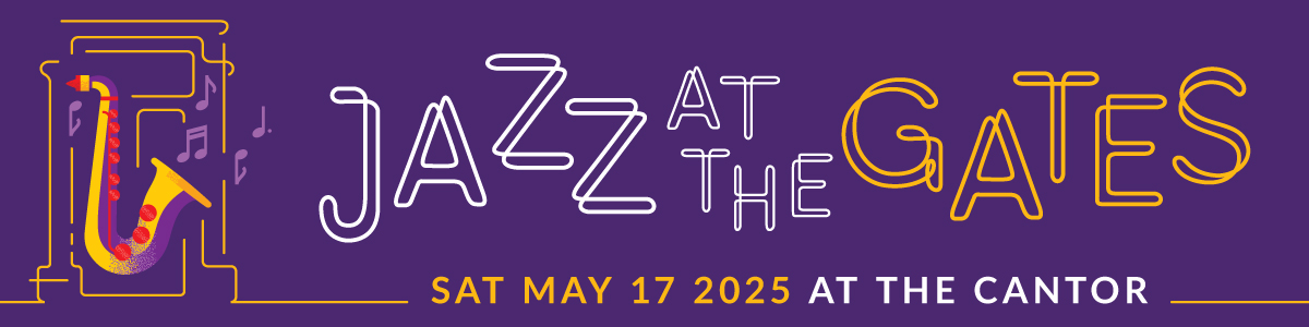 jaz at the gates banner with purple background and white and yellow font