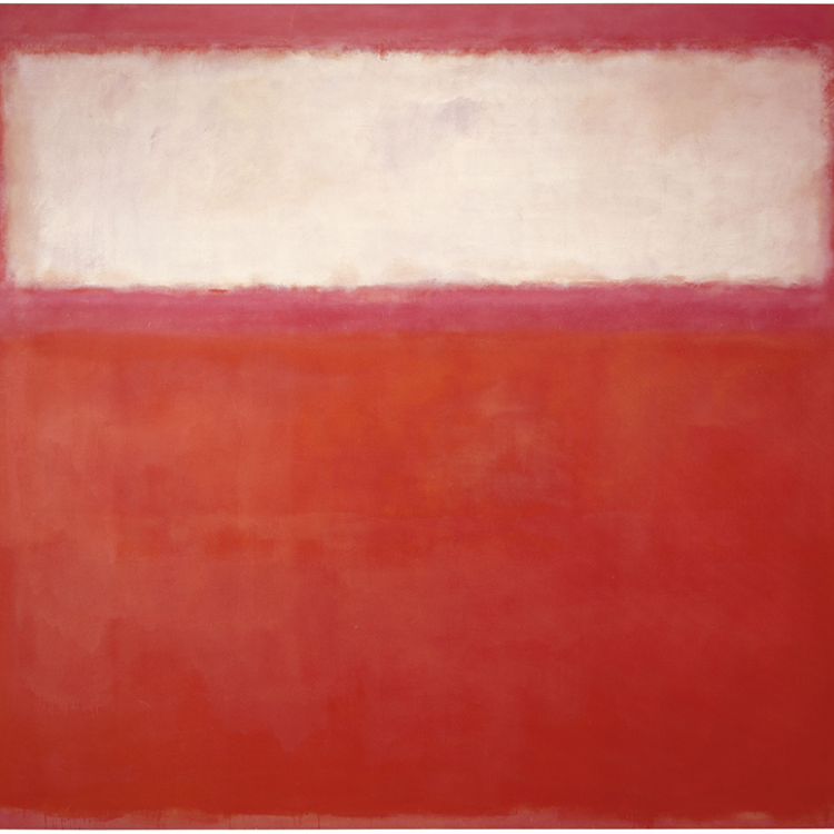 An image of Rothko's "Pink and White over Red," depicting a red faded square with a white square inside in the top third portion of it, with faded edges that turn to pink.