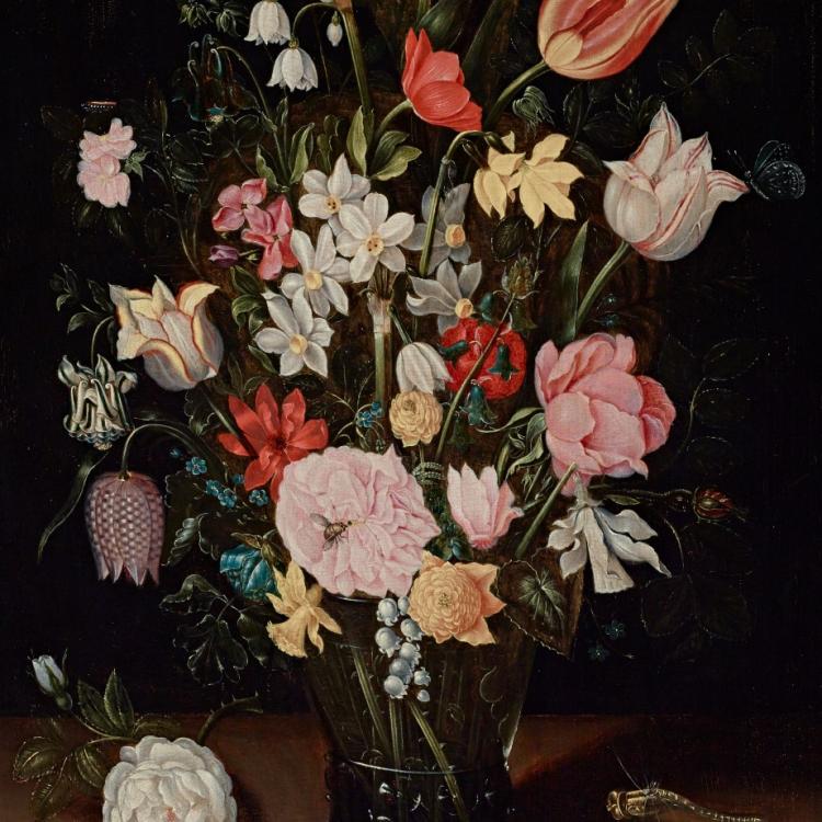 An image depicting "Flowers in a Glass Vase," by Ambrosius Bosschaert the Elder