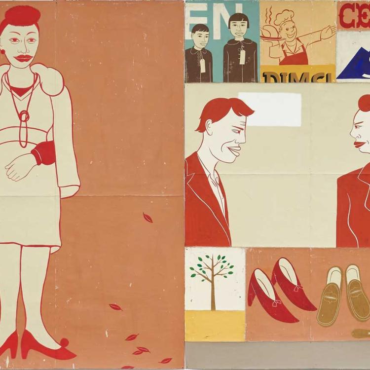 An image of a woman on the left and a few other pictures on the right hand side depicting two men and a couple and three pairs of shoes