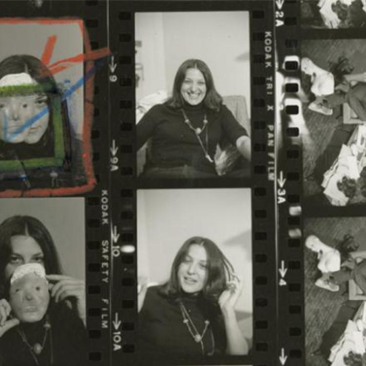 Black and white photo of negative film strips depicting artist Lynn Hershman Leeson