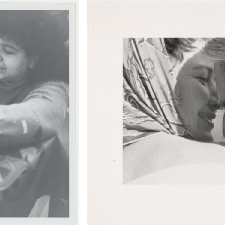 A side-by-side pair of black-and-white photographs displaying candid portraits: one of a woman wearing a sweater reaching down toward something, and another of a close, intimate moment between an older couple.