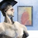 an illustration of a sculpture wearing a mortarboard and glasses