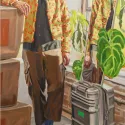 A paiting of a man next to a suitcase posing by a window