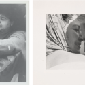 A side-by-side pair of black-and-white photographs displaying candid portraits: one of a woman wearing a sweater reaching down toward something, and another of a close, intimate moment between an older couple.