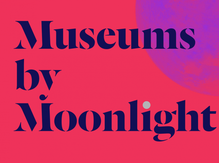 a pink graphic with a purple moon and a blue font legend saying museums by moonlight