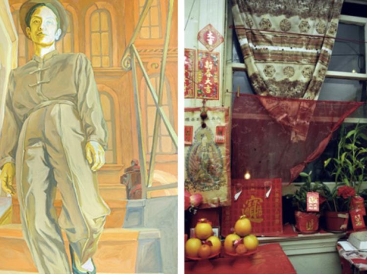 A couple of details of artwork, one depicting a Chinese man and another a scene from an asian home