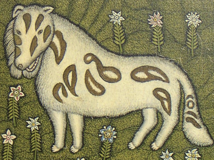 A painting of a dog in green and beige colors