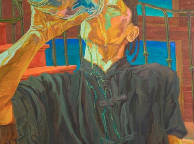 A painting of a Chinese man drinking from a jar