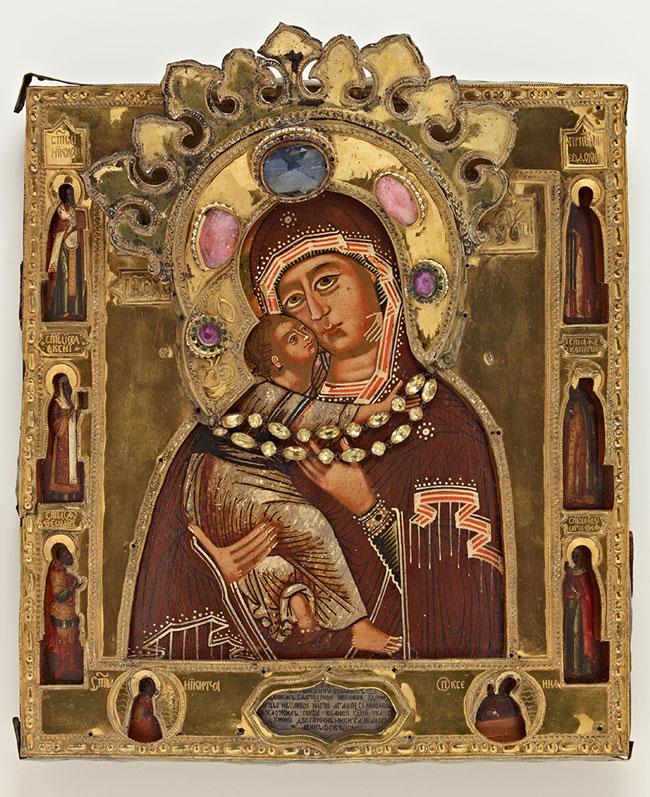 Artist unknown (Russia), Icon of Our Lady of Vladimir, c. 1600–1799. Tempera on wood and metal revetment with precious stones. Bequest of Professor Frank A. Golder, JLS.14230
