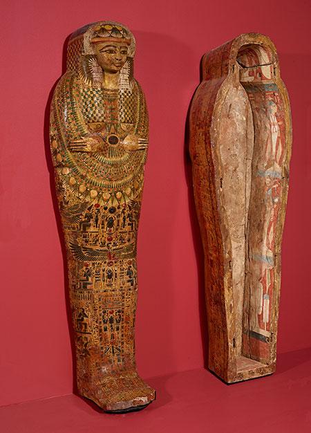 Artist unknown (Egypt), Coffin for Female Mummy Identified as the Chantress of Amen (Amon), c. 1070 BCE–945 BCE. Wood with painted gesso relief. Gift of the Cooper Medical College, T.82.2.A-B