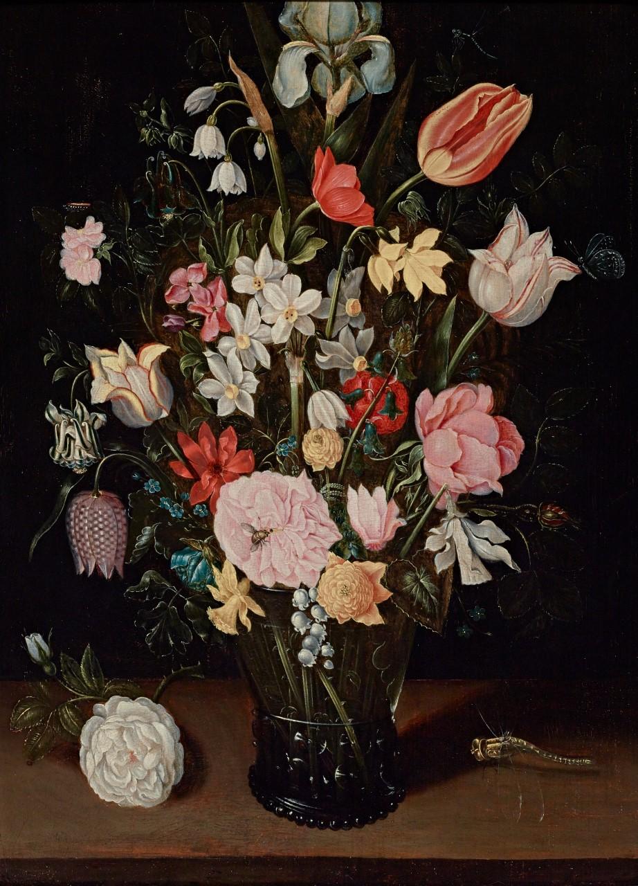 An image depicting "Flowers in a Glass Vase," by Ambrosius Bosschaert the Elder
