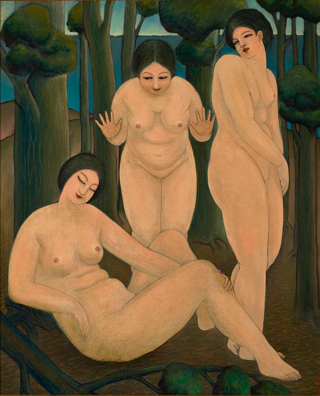 A painting depicting three naked women
