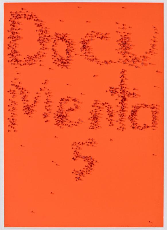 An image with orange background and orange letters reading Documenta 5