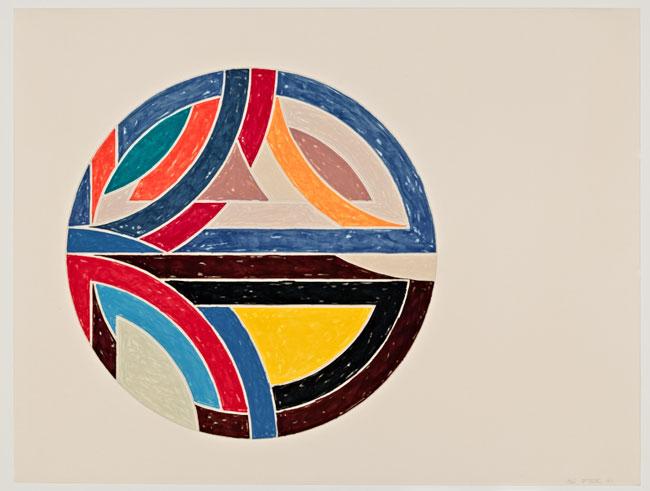 A geometrical image depicting colored lines forming the shape of a circle on a beige background