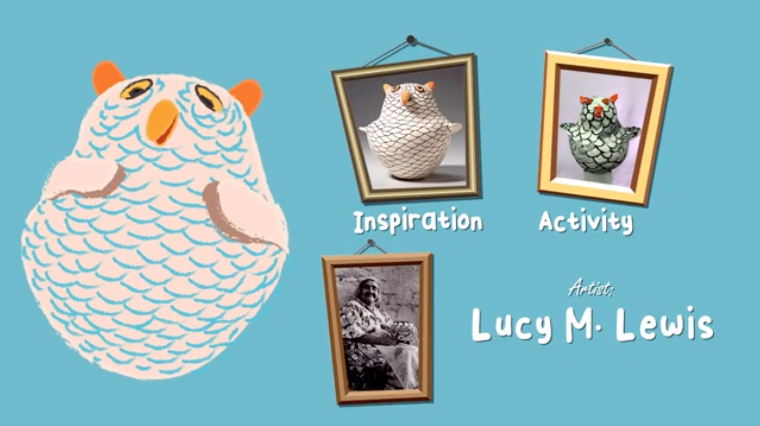 An image of an owl and the words activity inspired by artist Lucy M. Lewis