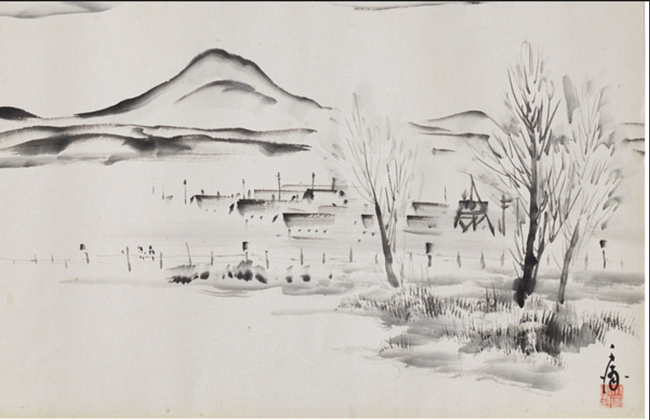 Chiura Obata (American, born in Japan, 1885–1975), Untitled (Topaz). Sumi-e ink on paper. Cantor Arts Center, Stanford University. Gift of Patrick and Sandra Hayashi in support of the Asian American Art Initiative, 2021.98