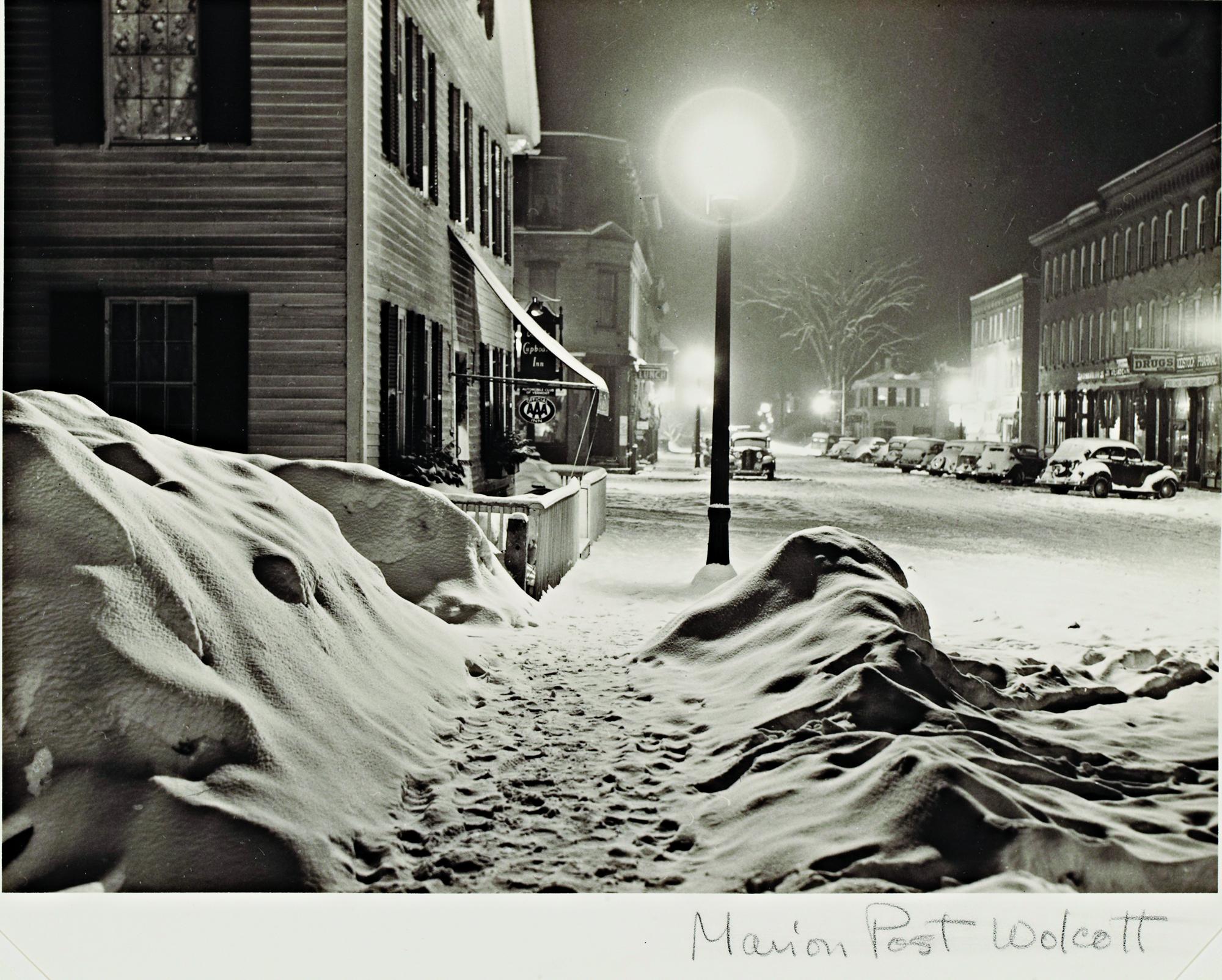 Marion Post Wolcott (American, 1910–1990), Center of town. Woodstock, Vermont. “Snowy Night”, 1940. Selenium-tinted gelatin silver print. Cantor Arts Center, Stanford University. Gift of Michael and Sheila Wolcott, 2000.135