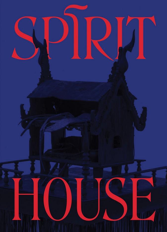 A blue and black image with the words Spirit House in red