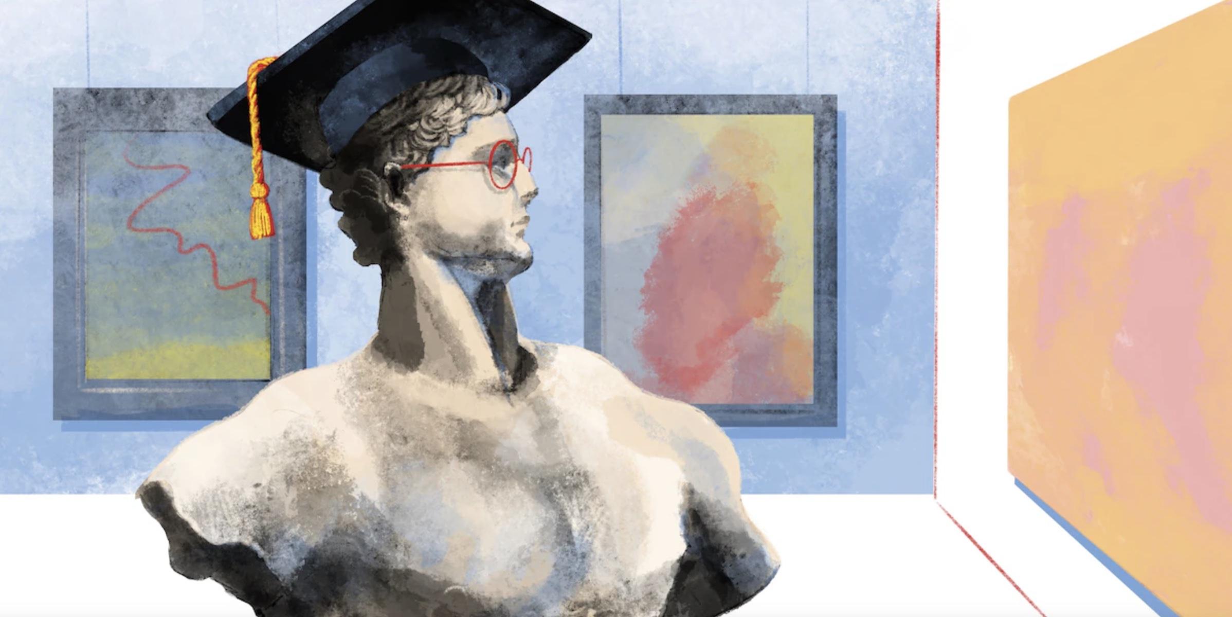 an illustration of a sculpture wearing a mortarboard and glasses