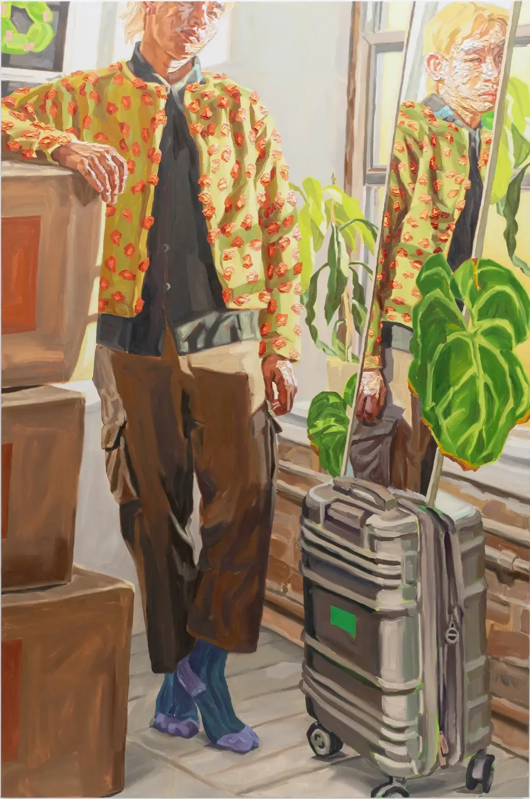 A paiting of a man next to a suitcase posing by a window