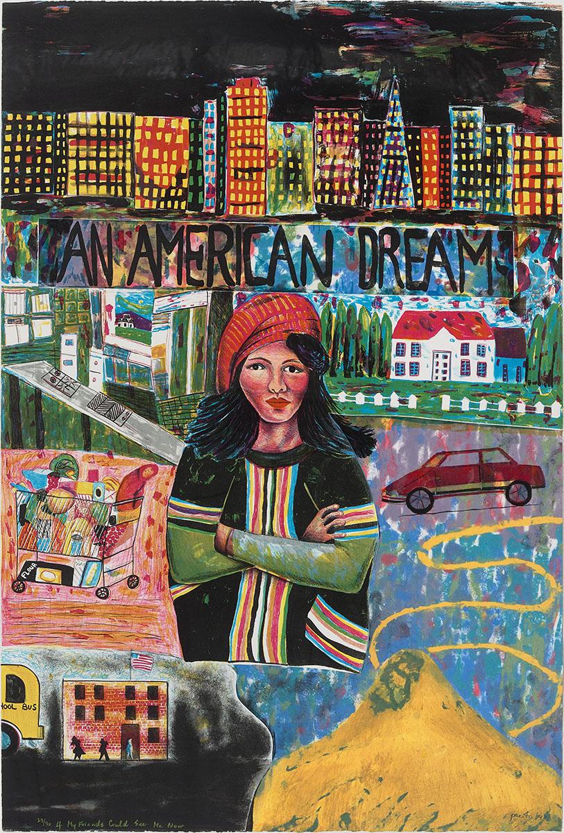 A colorful mixed-media artwork centered on a woman standing with arms crossed, wearing a red hat and a dark green shirt with colorful vertical stripes. Above her head, bold black text reads "AN AMERICAN DREAM" set against a vibrant city skyline under a dark sky. Surrounding her are scenes depicting various aspects of life, including a suburban house with a white fence, a red car on a road, a full shopping cart, a yellow school bus parked outside a brick building with a U.S. flag, and a yellow mountain peak.