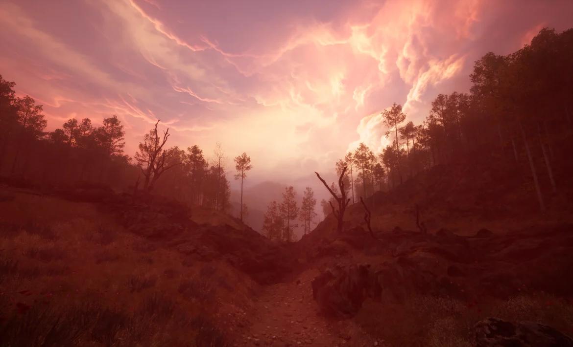 A moody, reddish landscape with a rocky path winding through sparse trees beneath a dramatic sky streaked with glowing pink and orange clouds.