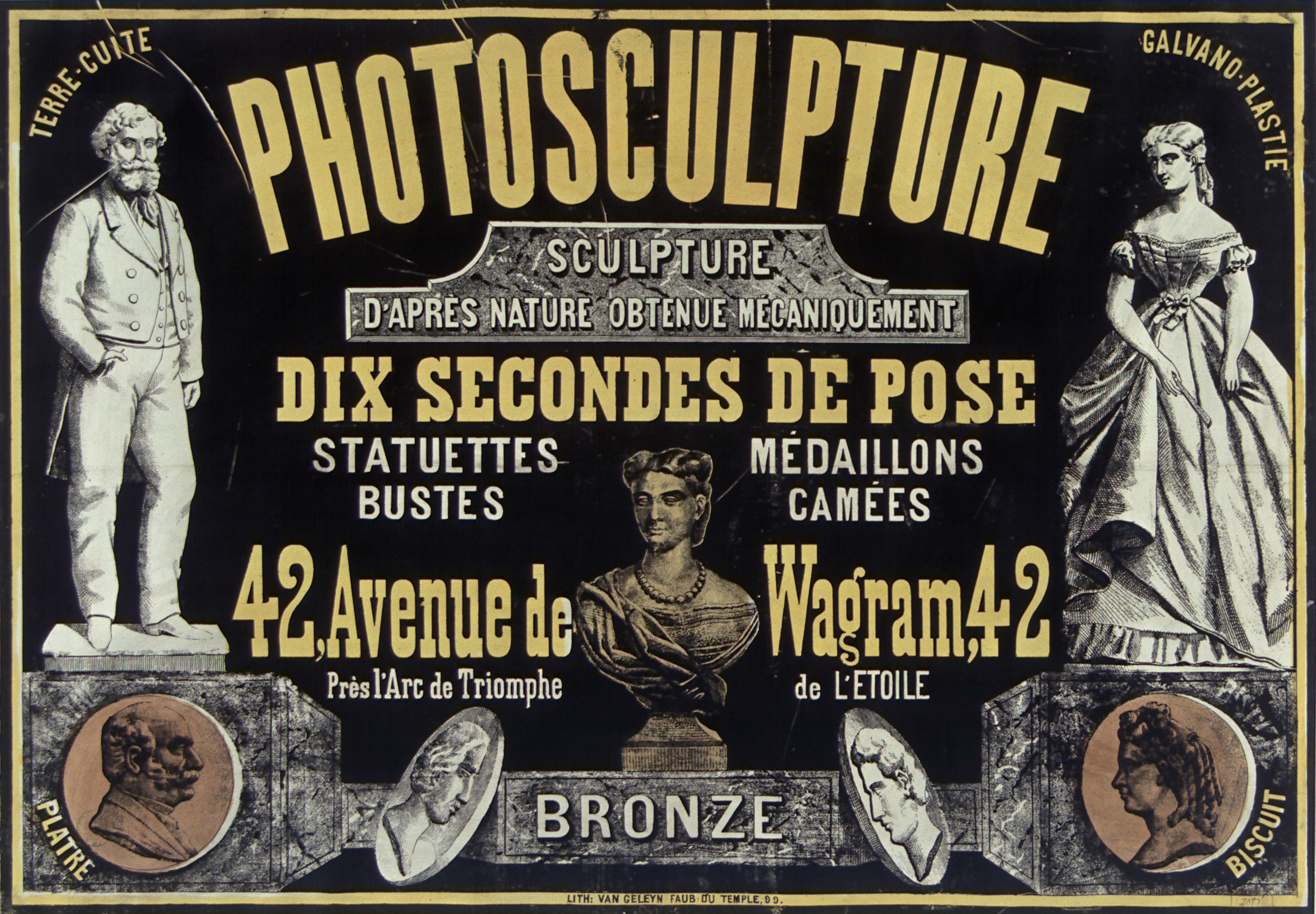 A. Van Geleyn, Photosculpture. Sculpture d’après nature obetenue mécaniquement. Dix secondes de pose, 1865. Lithograph, 41¾ × 29½ in. (106 × 75 cm). Bibliothèque Nationale de France, Département Estampes et Photographie. Photo: gallica.bnf.fr / Bibliothèque nationale de France