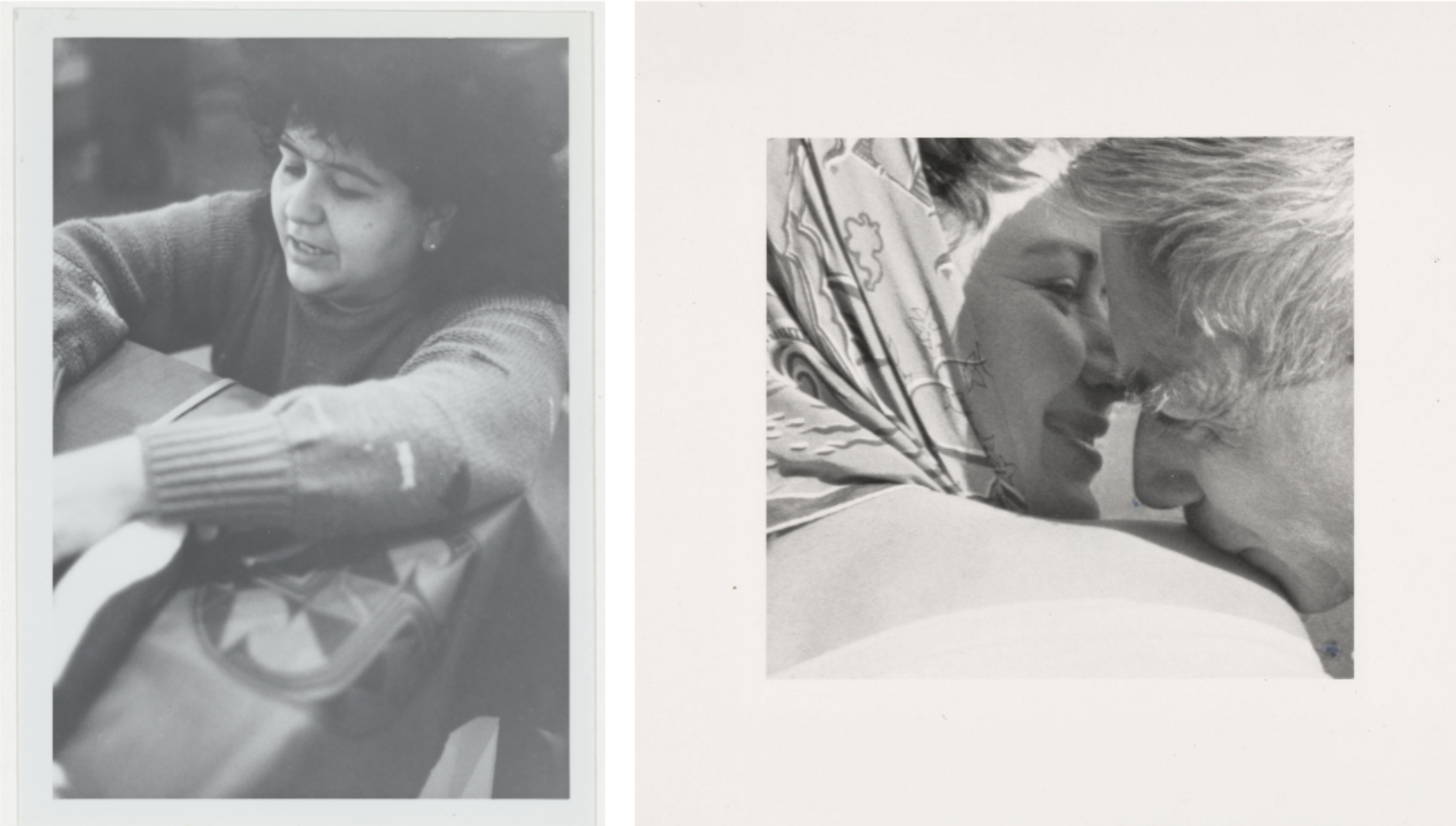 A side-by-side pair of black-and-white photographs displaying candid portraits: one of a woman wearing a sweater reaching down toward something, and another of a close, intimate moment between an older couple.
